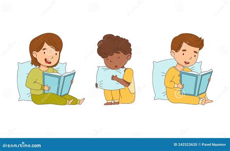 Kids Reading Bedtime Story In Their Beds Cartoon Vector Illustration