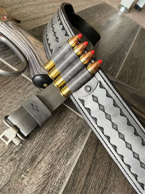 Hand Tooled Leather Rifle Sling With Bullet Loops Finished In Gray