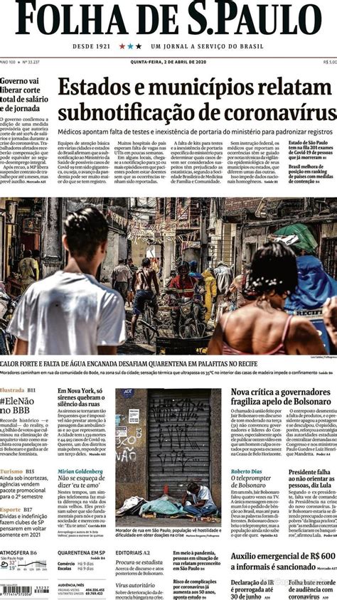 Capa Folha De Spaulo Edição Quinta 2 De Abril De 2020