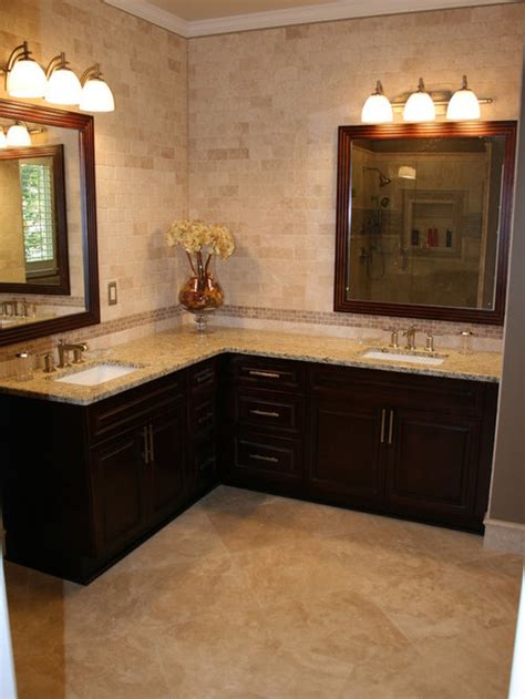 In addition to the design of the two sinks and of the vanity that a double sink vanity top can basically occupy an entire wall in a bathroom. Corner Double Vanity | Houzz