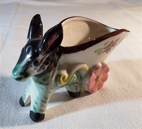 Vintage Ceramic Donkey Pulling A Cart Plant Holder Adorable Etsy