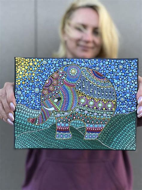 Hand Painted Dotted Elephant Symbolic Dot Painting Energetic Dot