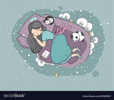Girl Cats And Dog Sleep In Bed Good Night Vector Image
