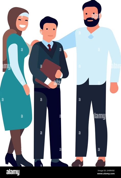 Proud Parents Standing With Son Happy Smiling Cartoon Character Stock