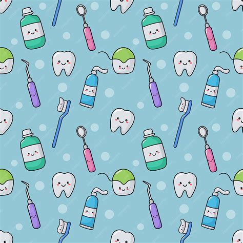 Lindo Dentista Equipo De Patrones Sin Fisuras Estilo Kawaii En Azul