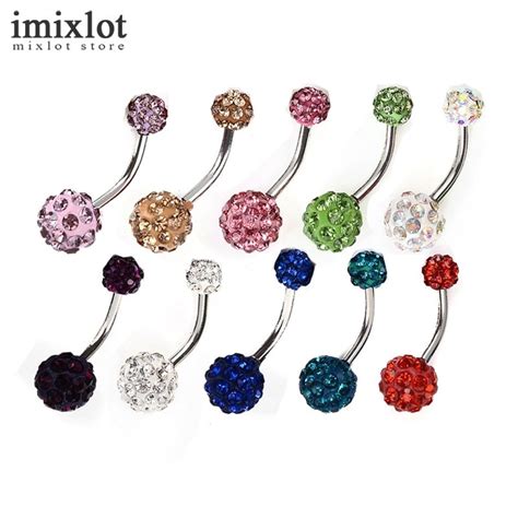Imixlot 10pcs Double Crystal Ball Navel Ring Stainless Steel Piercing Belly Button Rings Body