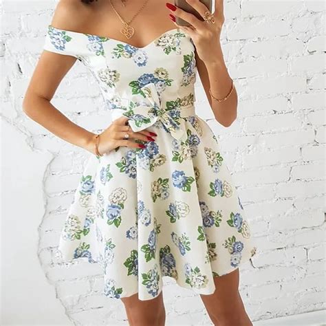 Print Flower Off Shoulder Dress 2018 Short Sleeve A Line Dress Summer Women V Neck Sexy Mini