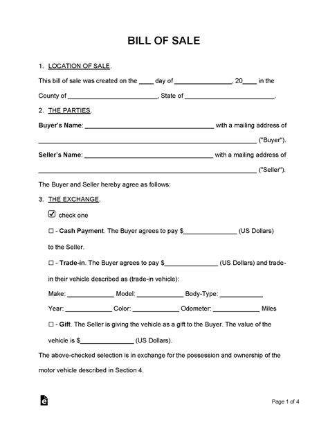 Free Bill Of Sale Form Word Pdf Eforms