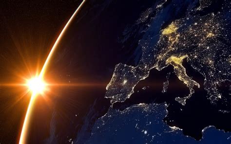 Sun And Earth From Space Europe Night Hd Wallpaper