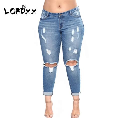 Lordxx Fashion Jeans Women High Waist Slim Pants Bleached Ripped Hole Casual Skinny Jeans Woman