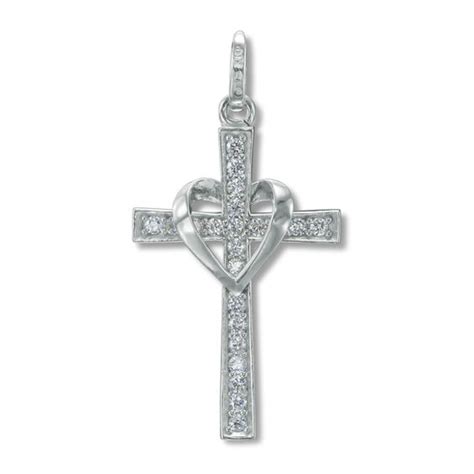 Cubic Zirconia Heart Wrapped Cross Necklace Charm In 10k White Gold
