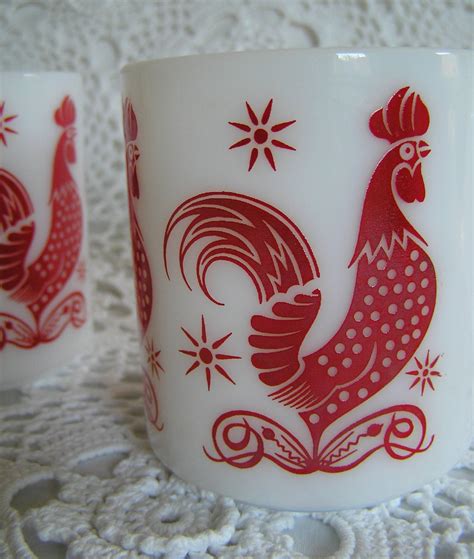 Vintage Hazel Atlas Rooster Mugs Set Of Milkglass Red