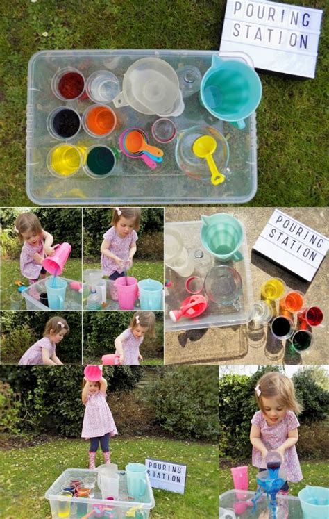 Such activities include indoor activities, science activities, sensory activities, math activities, and other outdoor or physical activities. Pouring Station; Toddler Activities | Water play ...