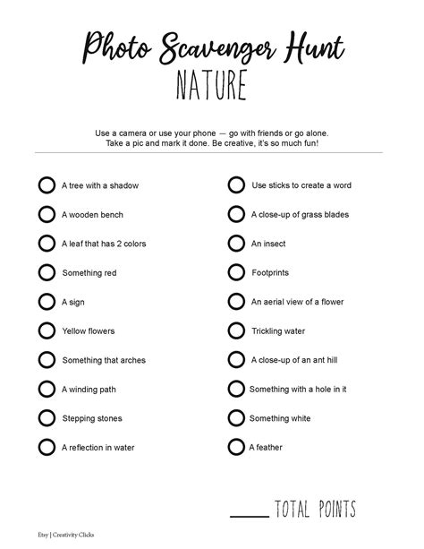 Photo Scavenger Hunt in Nature, Low Cost Family Activity, Classroom