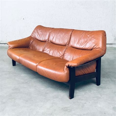 Midcentury Modern Scandinavian Design 3 Seat Leather Sofa Denmark 1970