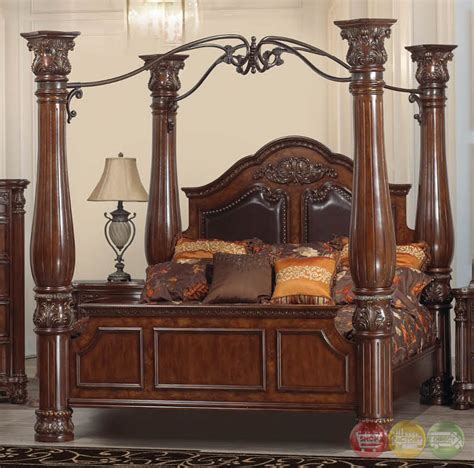 Gorgeous cherry wood canopy bed with wrought iron. Omar Traditional Cherry Canopy Bedroom Set with Carved ...