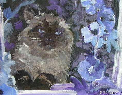 Ragdoll Cat Blue Eyes Inside With Blue Hollyhocks By Christine Montague