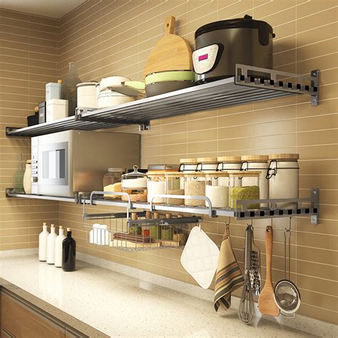 Microwave Oven Rack 304 Stainless Steel Kitchen Rack Wall Mounted Kitchenware Storage Rack Oven