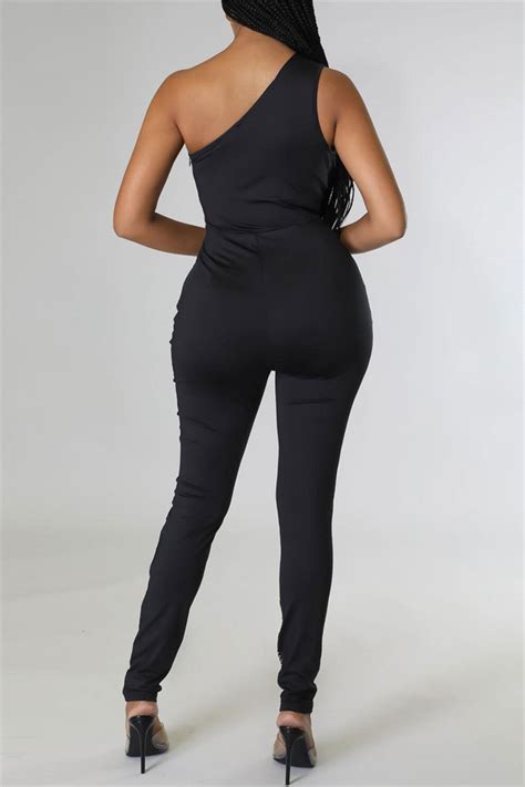 Wholesale Black Fashion Sexy Patchwork Hot Drilling Hollowed Out Backless One Shoulder Skinny