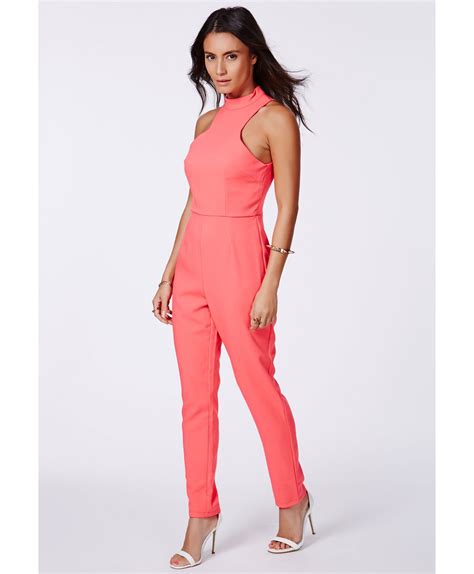 Lyst Missguided Tiffney Coral High Neck Jumpsuit In Pink