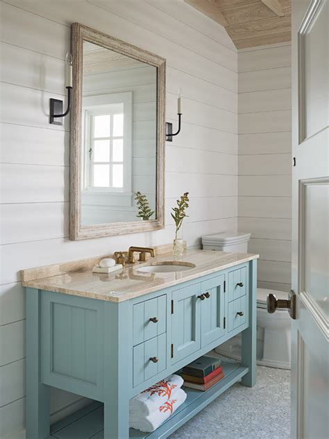 Fresh, cooling hues, inspired by sandy beaches and azure waters, complements the creamy beige floor and tub. Turquoise Bathroom Vanity - Cottage - Bathroom - Dearborn ...