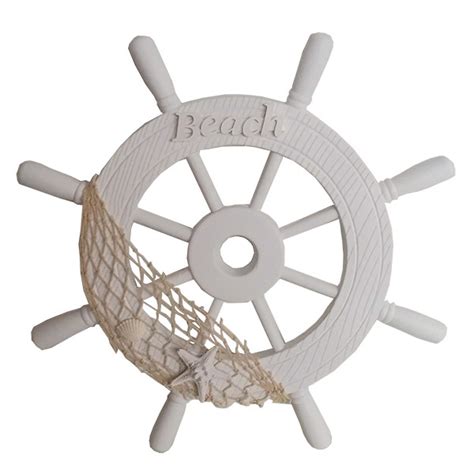 24 whitewashed ships wheel with wooden anchor accent feature and four nautical rope wrappings. White wooden Ships wheel With Beach Sign 38cm - Coastal ...