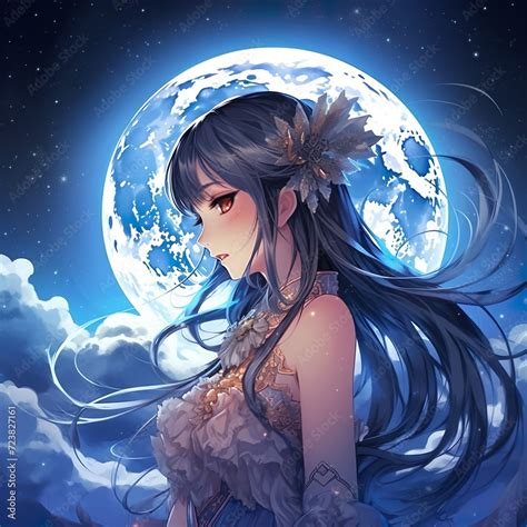 Cute Kawai Anime Character Illustration With Moon Behind Stock