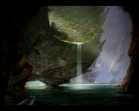 Hd Wallpaper Fantasy Landscape Cave Cavern City Scenic Waterfall