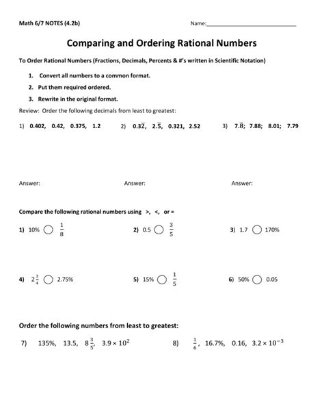 Compare And Order Rational Numbers Worksheet