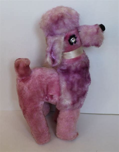 Vintage 1950s Plush Stuffed Animal Pink Purple Poodle Dog Jewel Gem