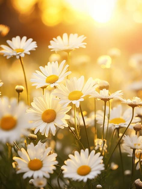 Premium Ai Image Chamomile Meadow Blooming Under The Setting Sun