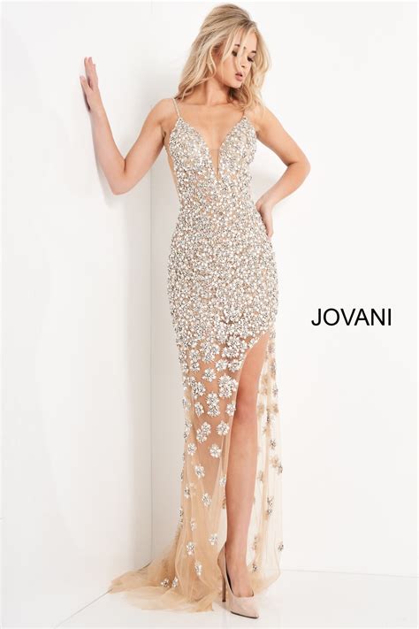Jovani Nude Plunging Neckline Illusion Prom Dress