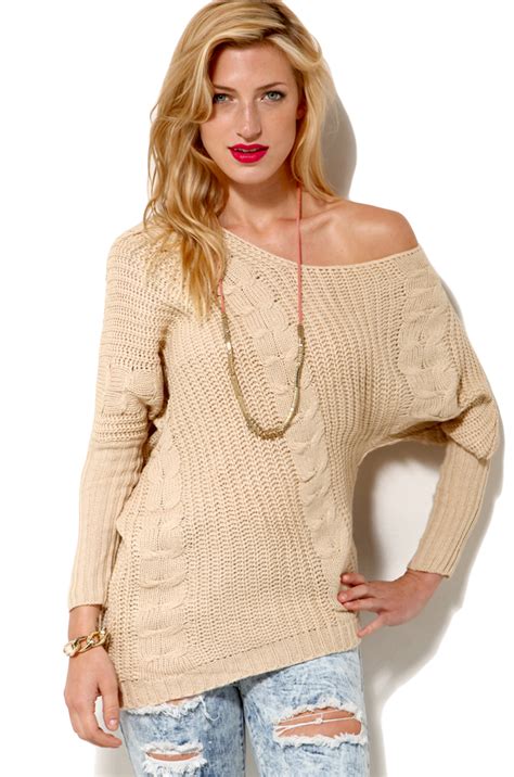 Lyst Akira Off Shoulder Cable Knit Sweater In Ivory In White