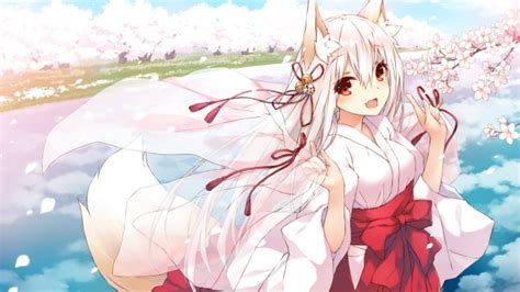 Wallpaper Anime Fox Girl Miko Cute Cherry Blossom Smiling Tail