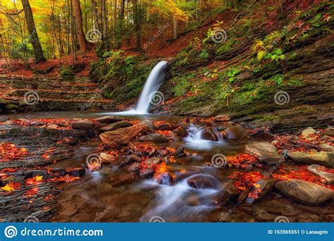 Amazing Nature Autumn Landscape With Waterfall In The Forest Stock