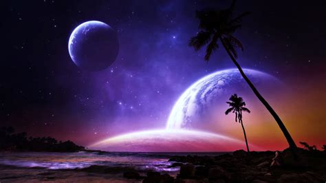 Planets Palms Fantasy Dreams Colorful Beaches Space Stars Galaxy Worlds