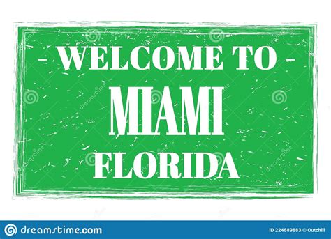 Welcome To Miami Florida Words Written On Green Stamp Stock