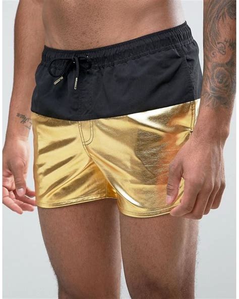 Asos Swim Shorts With Metallic Gold Panel In Short Length In Metallic