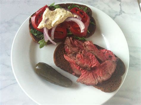 Water or water and red wine; Perfectly-roasted fillet of beef sandwiches featuring a ...