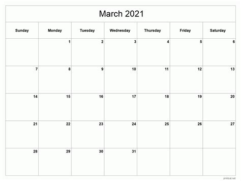 Printable March 2021 Calendar Template 2 Full Page Blank Grid