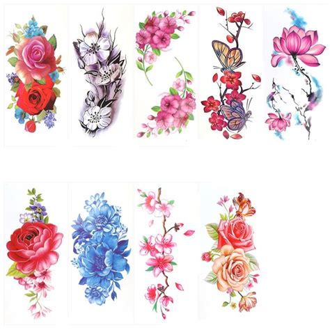 9 Sheets Temporary Tattoo Rose Peony Flower Butterfly Lotus Cherry