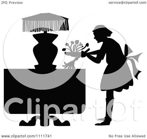 Clipart Silhouetted Maid Dusting A Table In Black And White Royalty