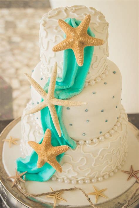 Starfish And Beach Themed Wedding 3 Layer Cake With Turquoise And Gold