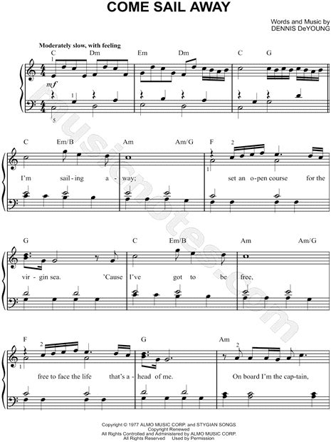 Styx Come Sail Away Sheet Music Easy Piano In C Major Download And Print Sku Mn0119194