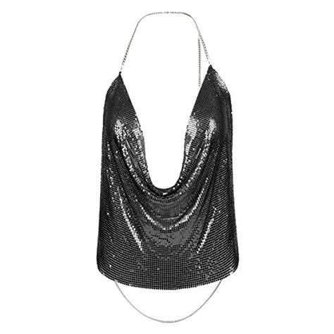 Chnli Women See Through Deep V Neck Sleeveless Halter Top Metal Sequins Backless Vest Blouse