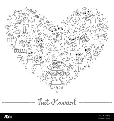 Vector Black And White Wedding Heart Shaped Frame With Just Married
