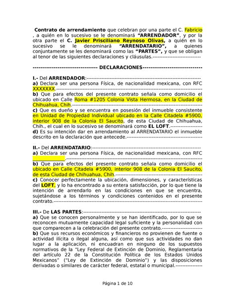 Formato De Contrato De Arrendamiento C Digo Civil De Chihuahua
