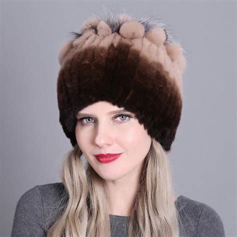 Buy Women Warm Genuine Fur Hat Natural Rex Rabbit Fox Skin Top Mushroom Shape Caps Winter Casual