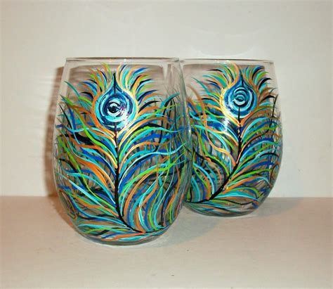 Peacock Feathers Hand Painted Stemless Wine Glasses Set Of 2 Etsy Hand Painted Stemless Wine