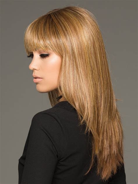 Long Straight Human Hair Blonde Wigs Modern Hairstyle With A Blunt Bang